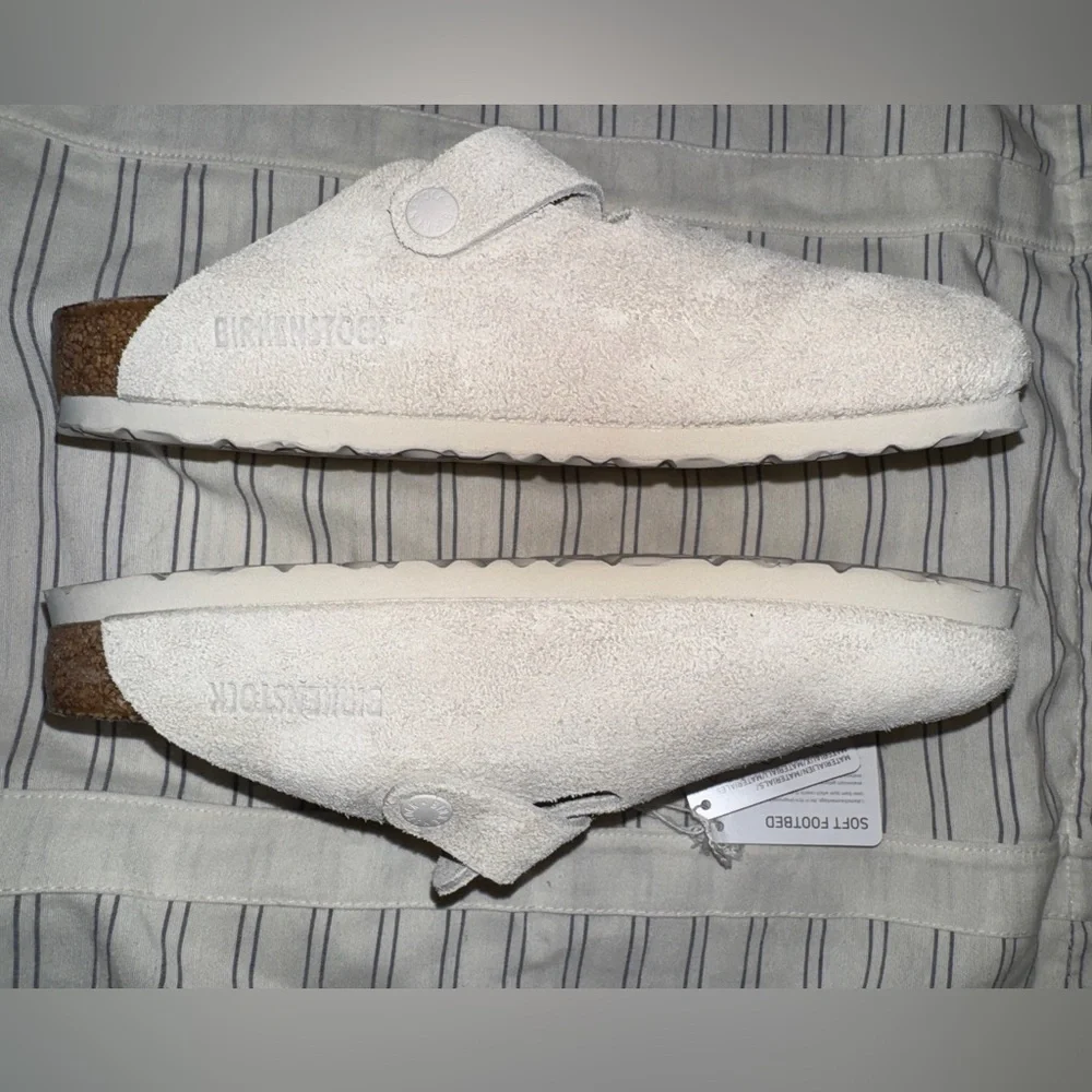 Birkenstock Boston Mules Antique White Suede Leather Slides - Picture 7 of 8